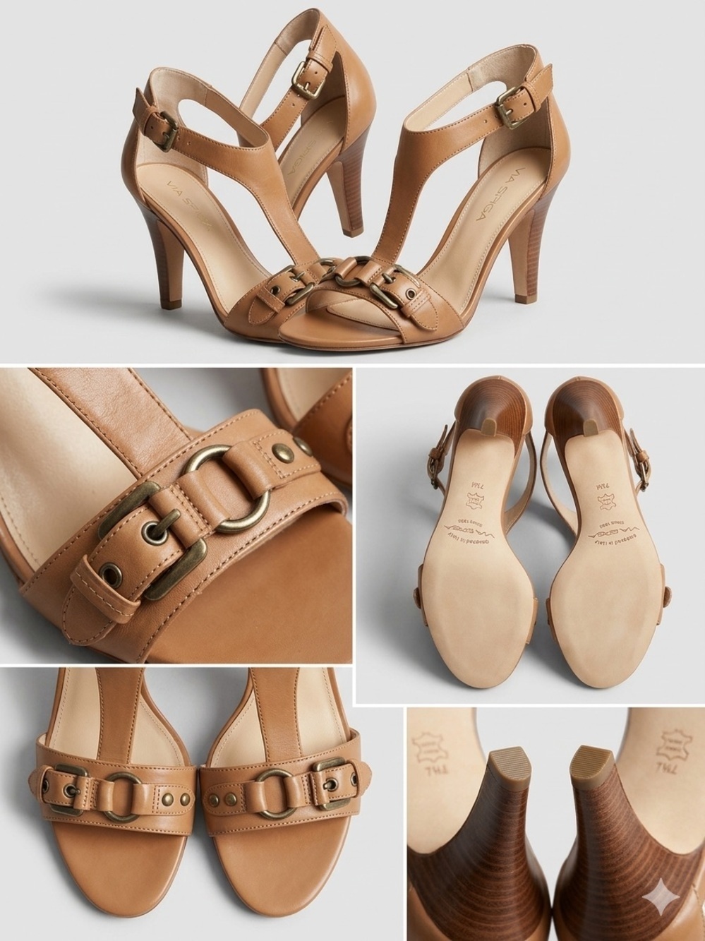 Via Spiga Tan Leather T-Strap Sandals with Buckle Accent